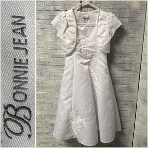 Bonnie Jean White Satin Dress Bolero Set‎ Lace Beaded Flower Girl Kids 8